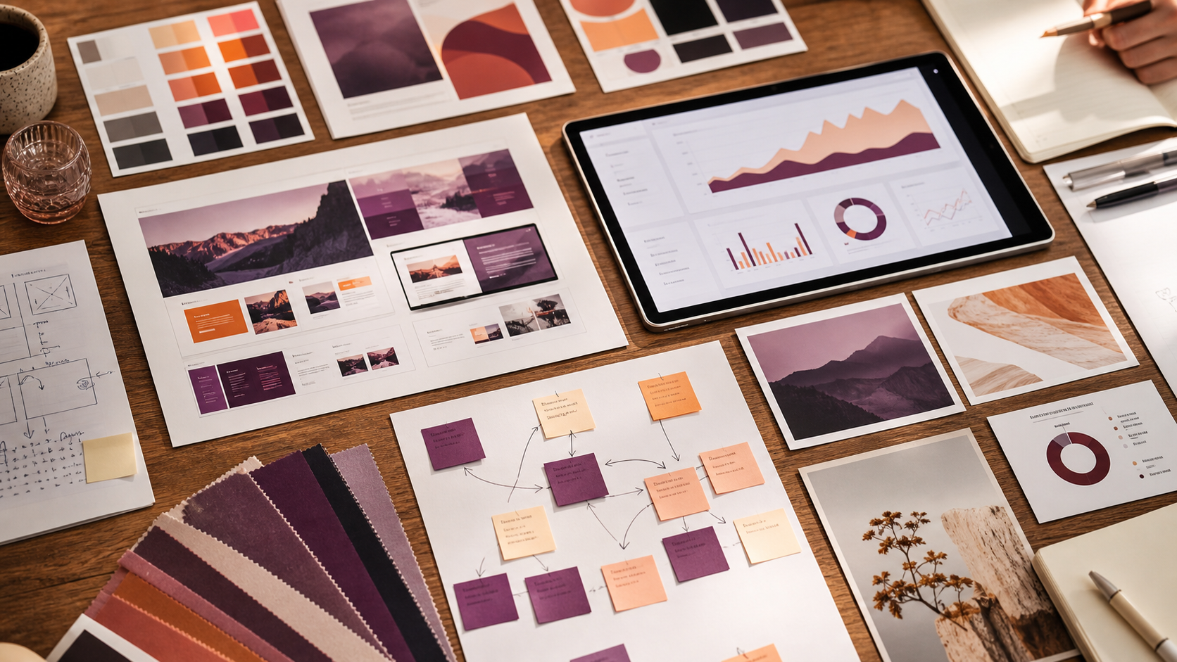 Digital Tamila portfolio planning table with website screens and analytics reports