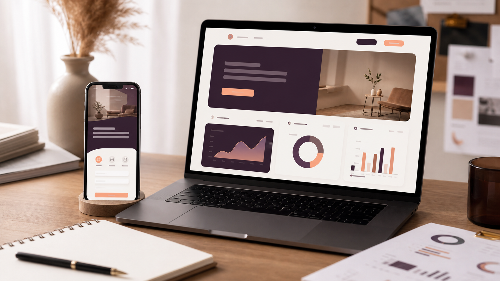 Website design mockup with analytics dashboard and mobile landing page